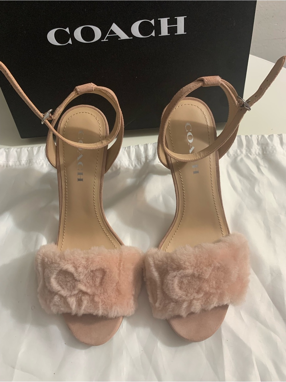 Coach Blush Pink Suede Fur Strap Heeled Sandals